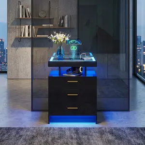 Modern Smart Nightstand with Tempered Glass Top, Auto-Sensing 3-Color LED Light, Wireless Charging & Dual USB Ports, 3 Drawers High Gloss MDF Bedside Table, Multi-purpose Storage End Table for Bedroom Living Room Office, Black