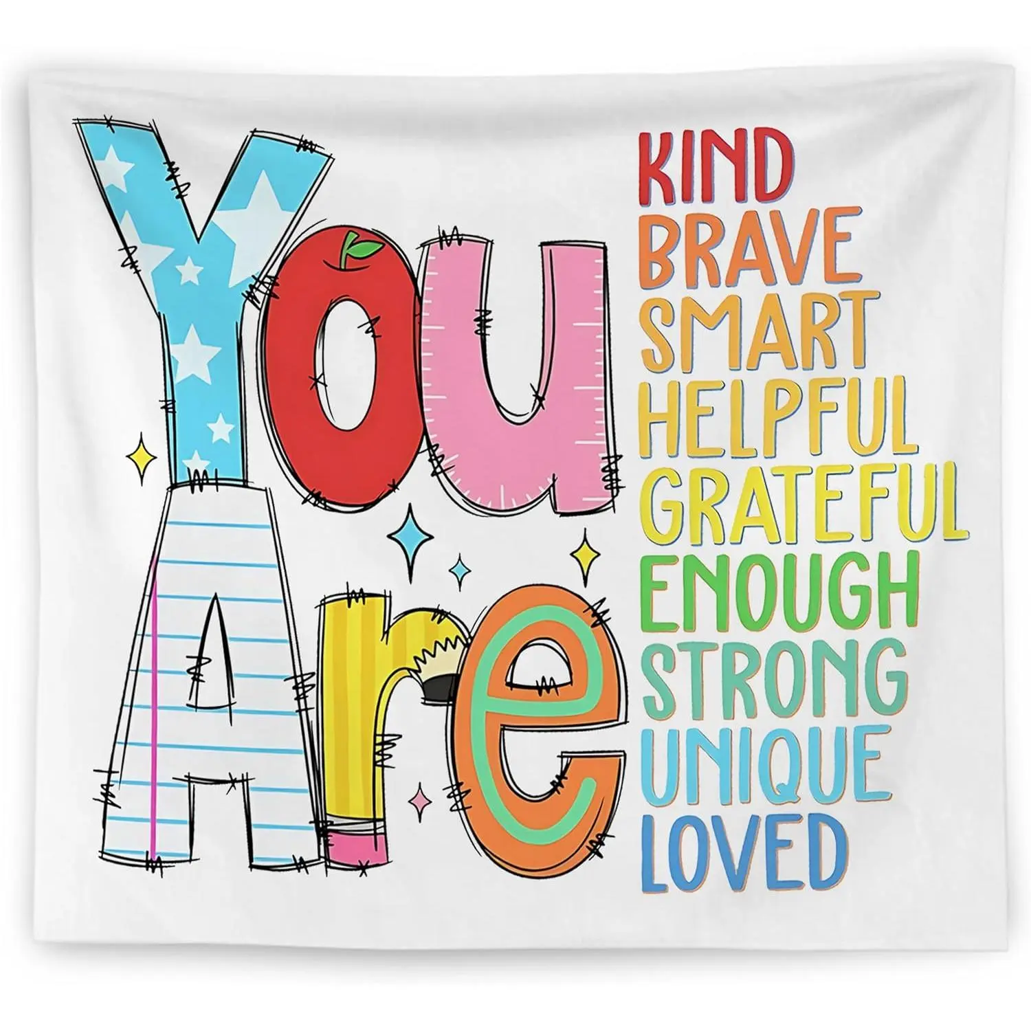 Positive Affirmations for Kids Tapestry Wall Hanging, Kids Affirmation Wall Decor, You Are Kind Brave Smart Inspirational Wall Blanket Decor for Kid Room Classroom Nursery Playroom, 50x60 Inch