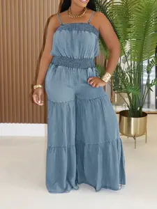 Women's A331 Plain Lightweight Denim Jumpsuit, Sleeveless Halter Top & High Waist Wide Leg Pants Set, Spring Summer Casual Everyday