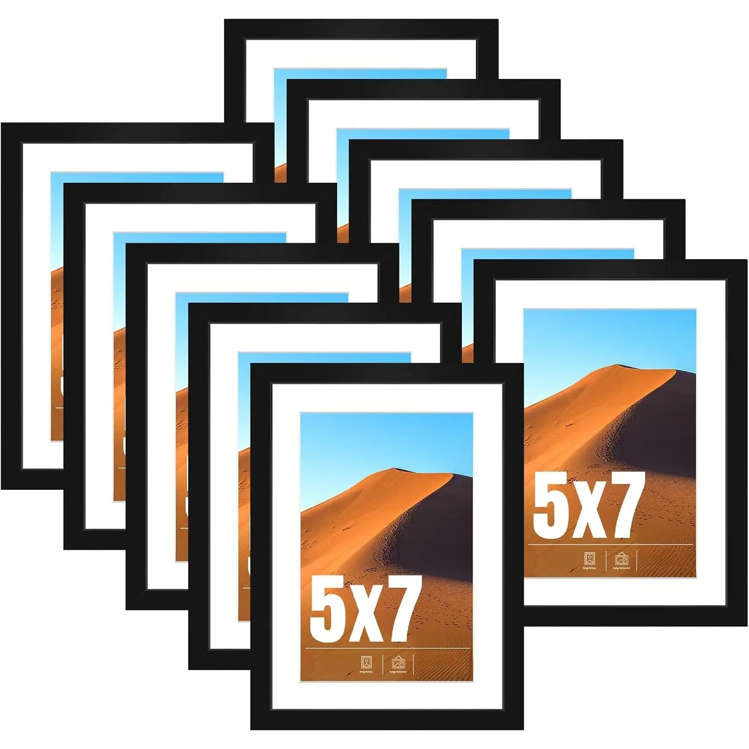 5x7 Picture Frame Black Set of 10, Display 4x6 with Mat or 5 x 7 Without Mat Picture, Photo Frame Collage for Wall Gallery or Table Deco, Hanging or Tabletop Display