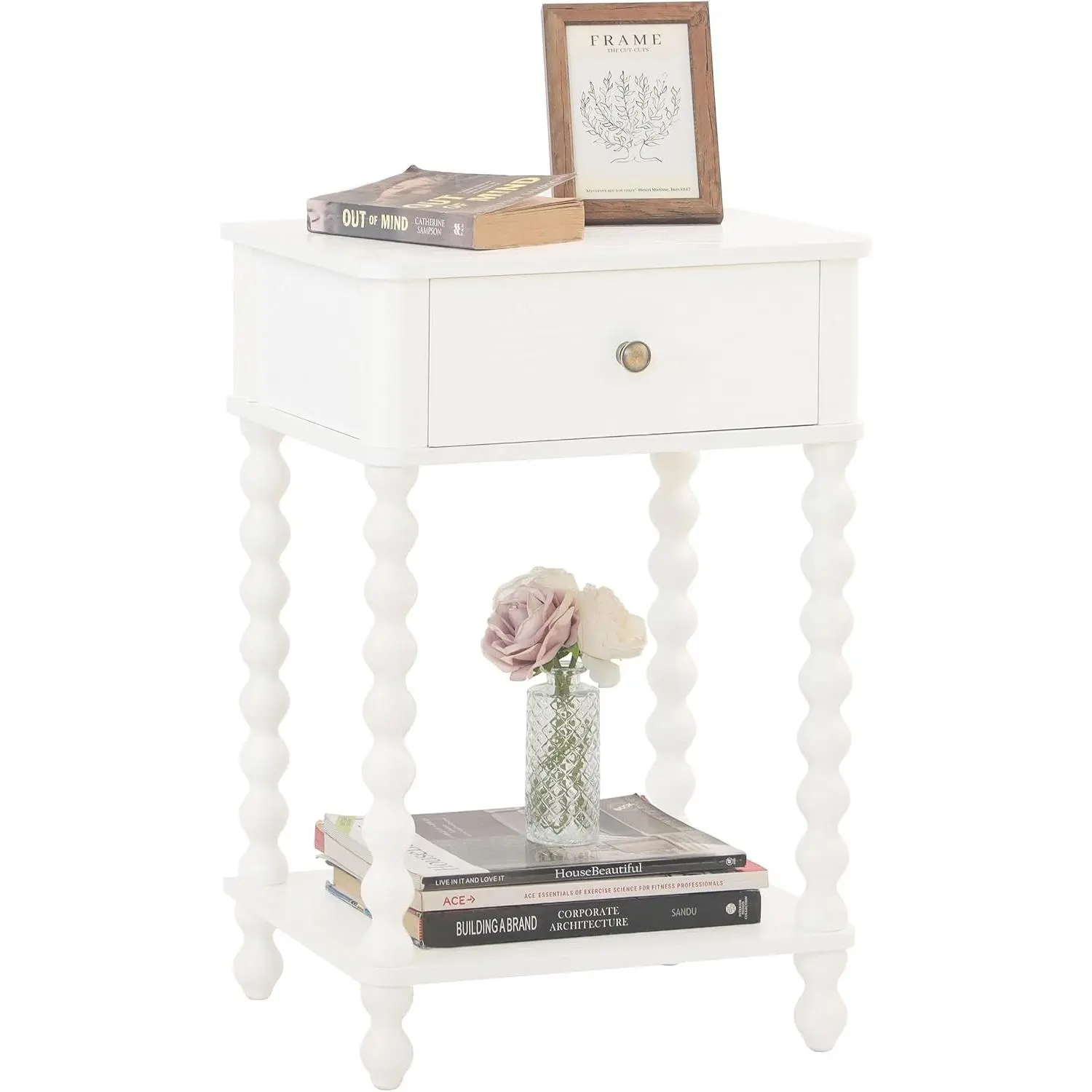 White Farmhouse Small Nightstand with Drawers for Storage, Rectangular Top, Spindle Wood Legged Base – Versatile End Table for Bedroom, Living Room