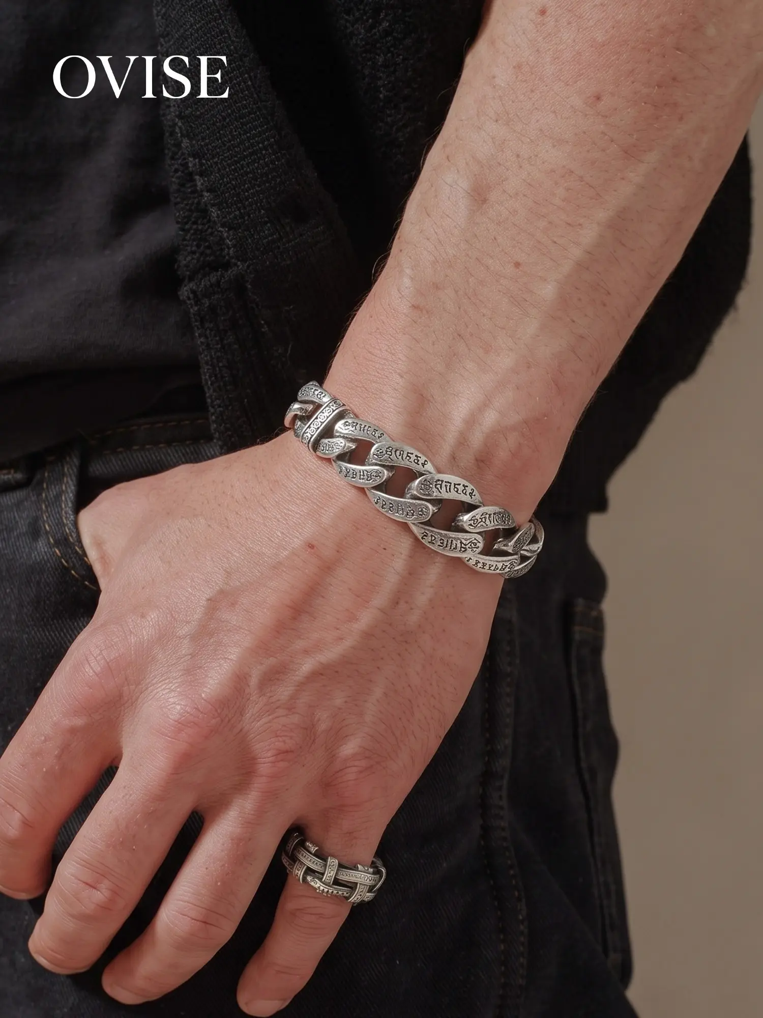 Bold Six-Character Blessing Silver Cuff, Vintage Men's Alloy Chain High Quality Bracelet for Cool Boy, Retro Style Punk Bangle, New Peace Pattern Amulet Jewelry, Lucky Charm Accessory Gift