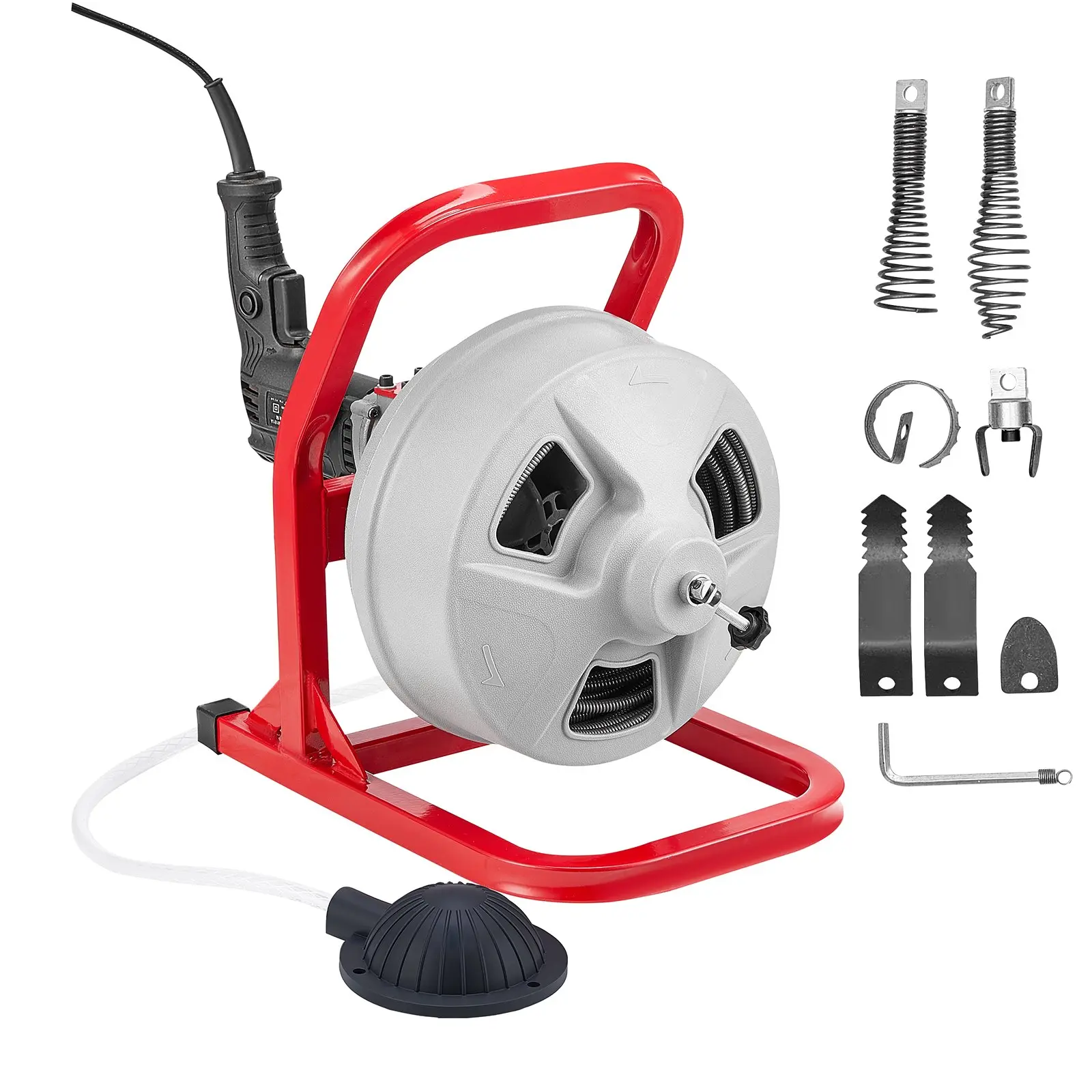 VEVOR JR-30s Drain Cleaning Machine - 50ft Steel Cable (5/16in), 228RPM Electric Drill, Manual Feed, 6 Cutters, Air-Activated Foot Switch for 2"-4" Pipes