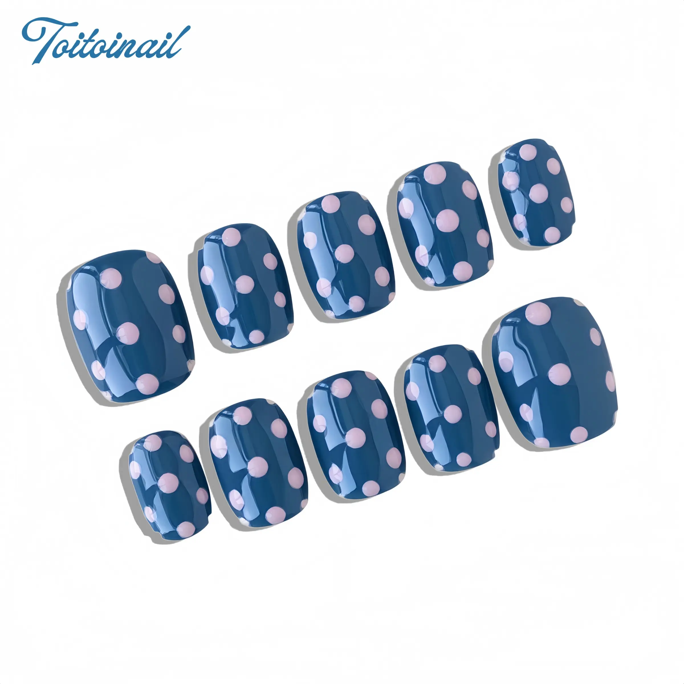 Polka Dot Handmade Press-On Nails, Fake Nails, Decorative Nails, Short Square Shape, 10pcs, Retro Polka Dot Design, Deep Lake Blue Base & Light Pink Polka Dot, Reusable DIY Nail Kit for Women, Trendy Nails for Spring, Summer & Daily Wear, Press On Sets