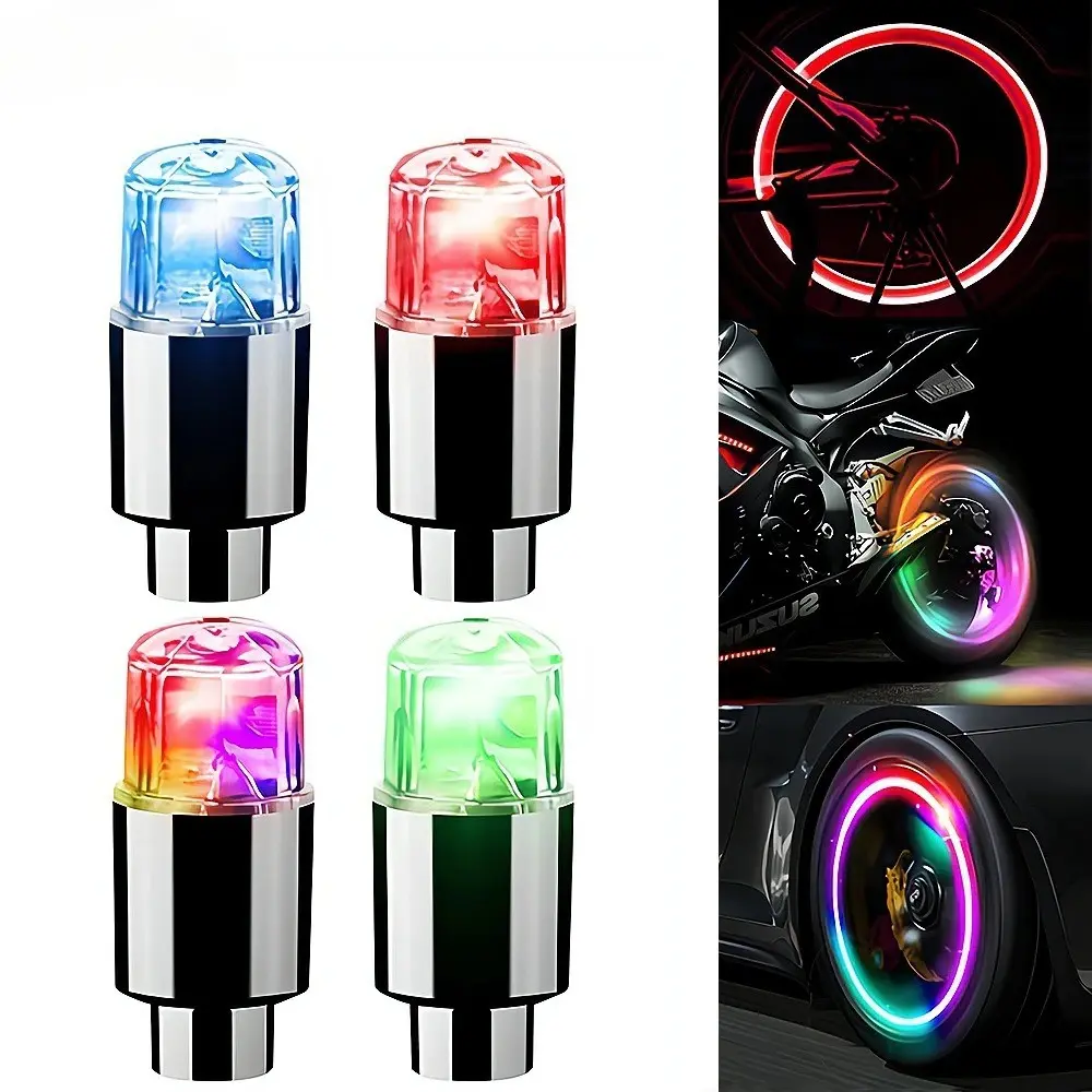 4pcs Wheel Tire LED Vibrant Color Air Valve Nozzle, Bicycle Motorcycle Night Light, Flashing HUB Lamp, Wind Fire Breathing Accessory