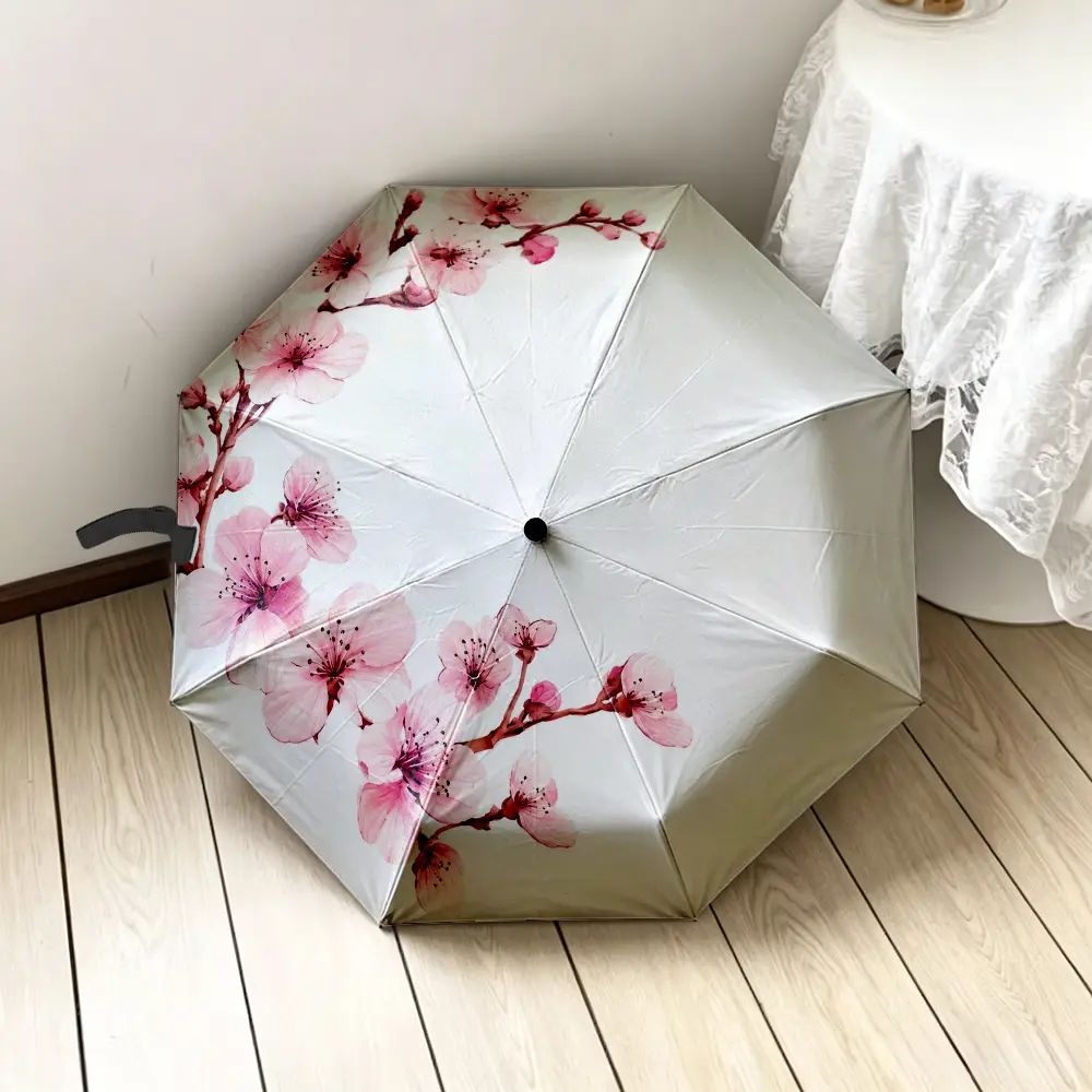 1PC Cherry Blossom 2D flat printed folding umbrella, external printing option, featuring delicate pink cherry blossom branch patterns, ideal for daily use, travel, and outdoor activities, available as a thoughtful gift choice for special occasions