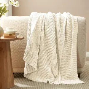 Knit Throw Blanket, Soft Chenille Cozy Breathable Chevron Chunky Decorative Blanket for Couch, Bed & Sofa, French-Inspired Lightweight Warm Gift for Women, Ivory, 50"x60"