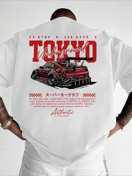 Men's Regular Fit Car & Letter Print Round Neck Tee, Street Fashion Casual Short Sleeve T-shirt for Daily Wear, Men's Top for All Seasons, Tropical, Streetwear