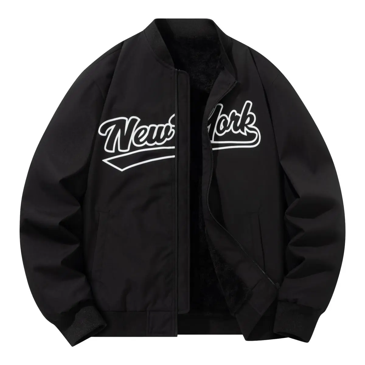 Men Fleece Lined New York Letter Bomber Jacket, Stand Collar Zip Up Varsity Coat, Embroidered Vintage Baseball Outerwear, Warm Thick Lining Jacket for Men, Ideal for Autumn Winter Streetwear