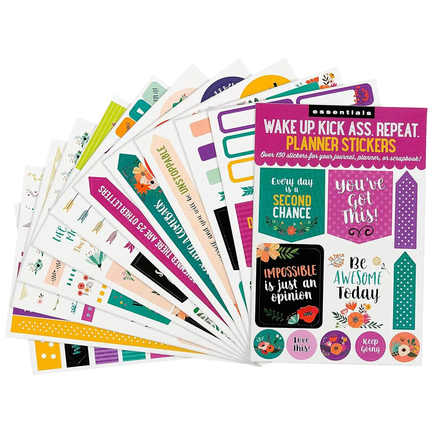 Essentials Motivation Planner Stickers - Wake Up, Kick, Repeat Design, Over 150 Stickers Set - Office Stationery Labels