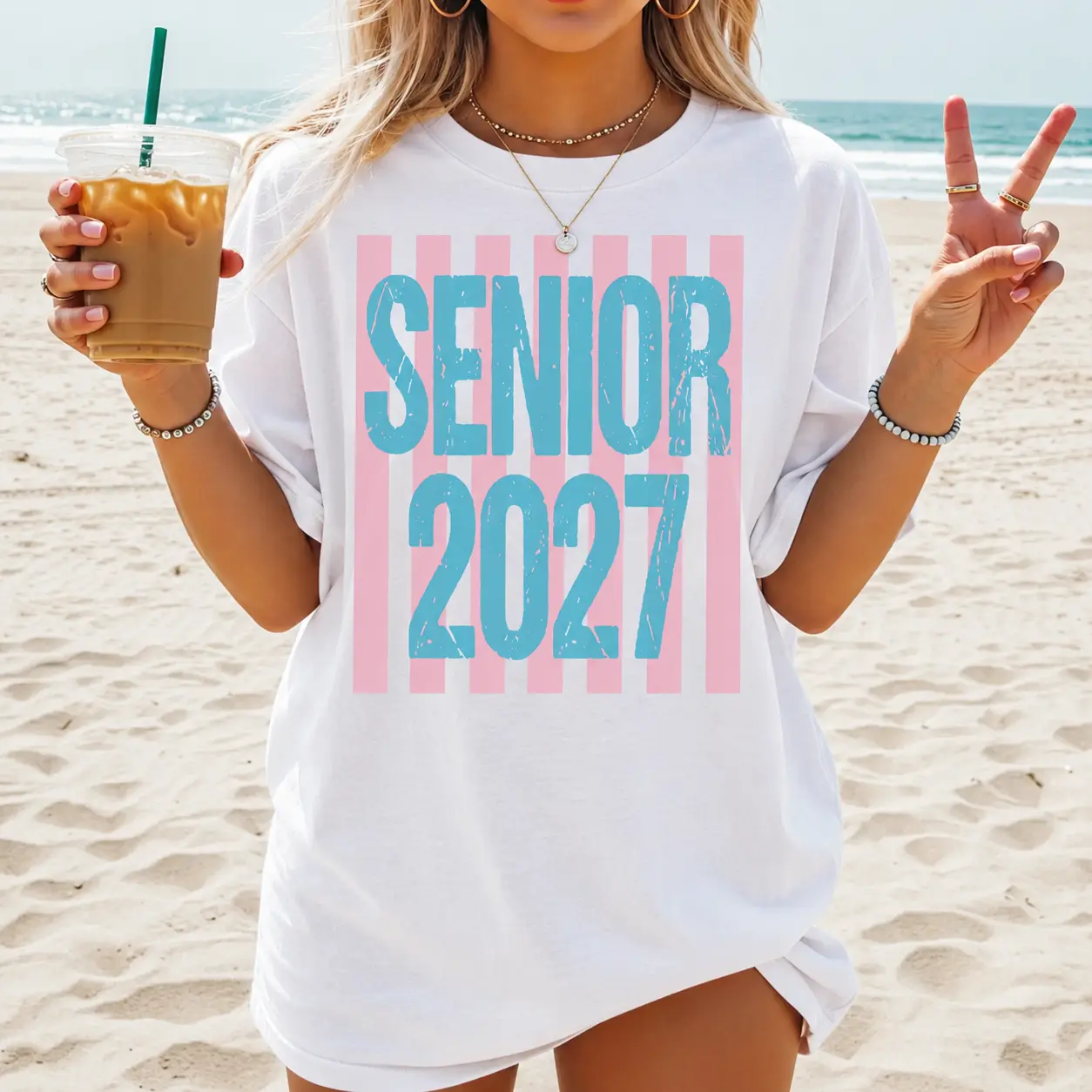 Senior 2027 T-Shirt, Casual Cotton Striped Graphic Tee for Girls, Class of 2027 High School Graduation Gift Tops