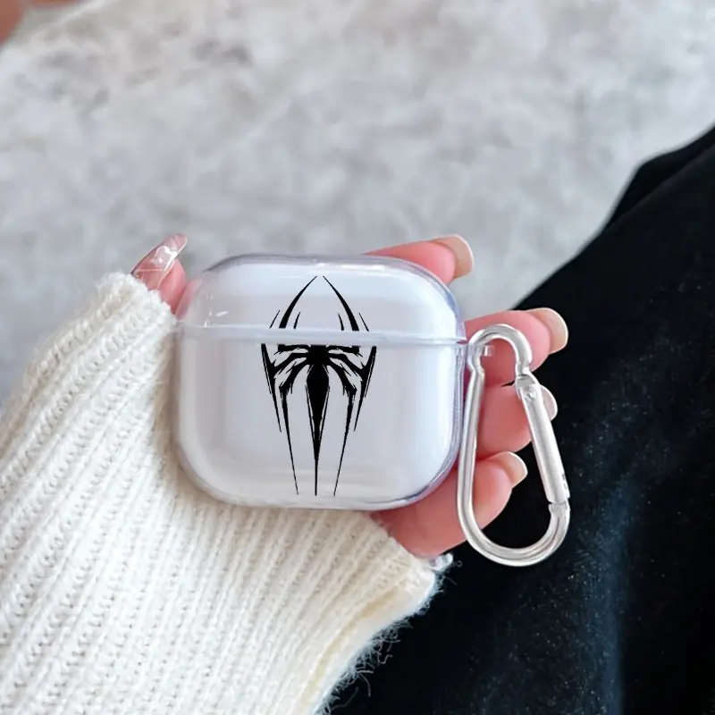 Shadowy Spider Silhouette Pattern Protective Case for AirPods 4/3/2/1/Pro/Pro2 Soft TPU Earphone Cover, Transparent with Keychain