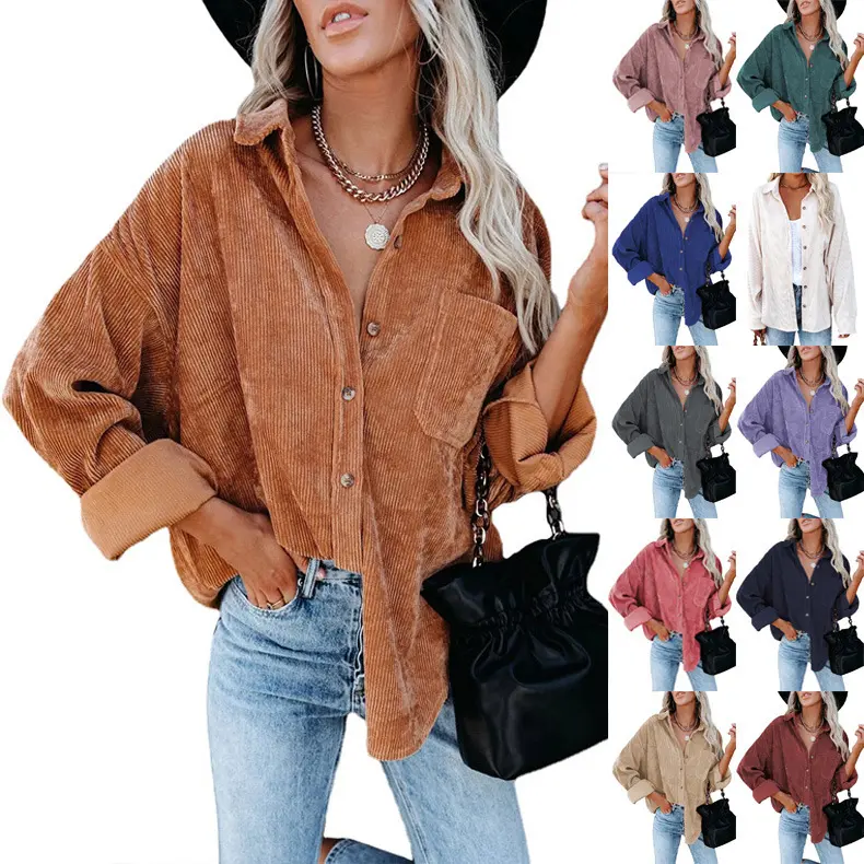 Women’s Oversized Corduroy Button Down Shirt, Long Sleeve Collared Shacket with Chest Pocket, Loose Casual Fall Winter Top