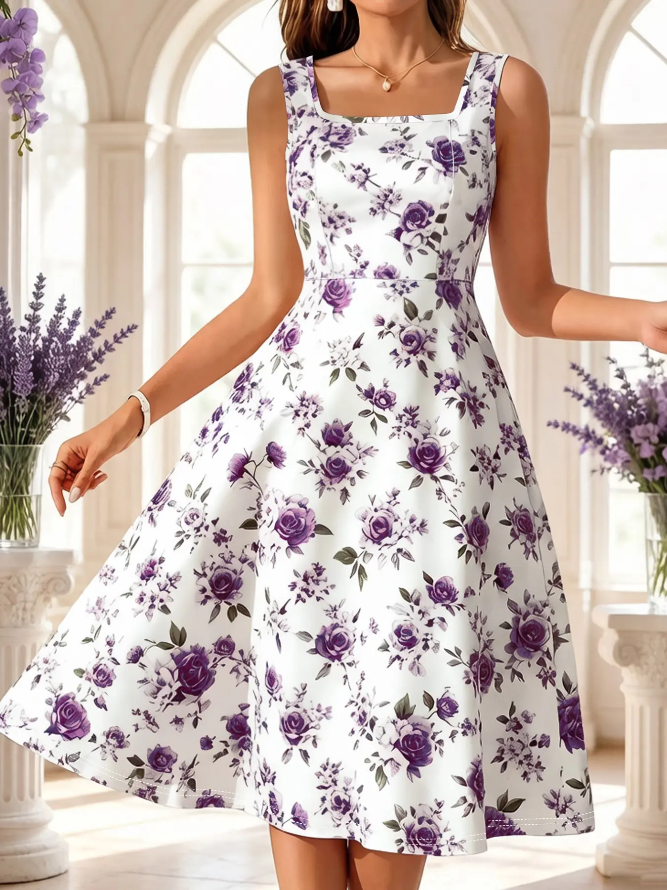 Square Neck Waist Cinched Floral Midi Bohemian Boho Casual Summer Dress, Knee-Length Spring Summer Elegant Casual Vacation Women's Dress, Stretchy Knit Printed Dress