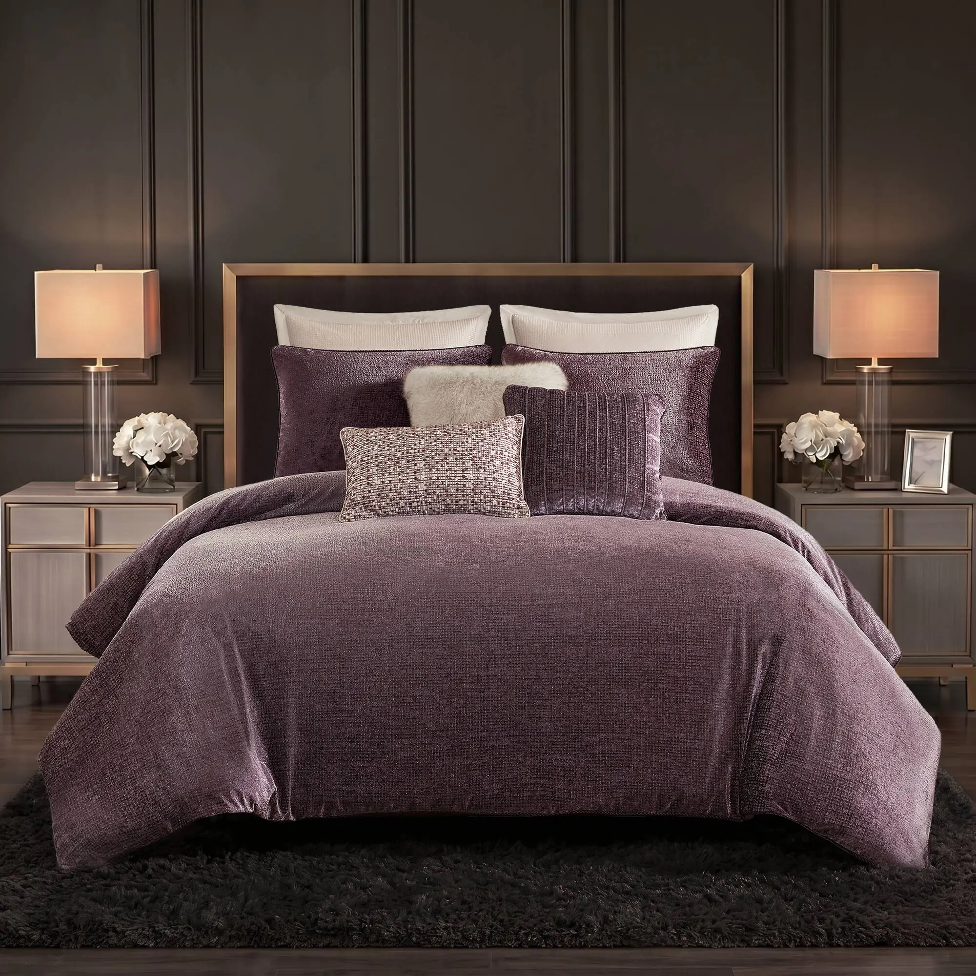 Nokaa 9-Piece King Mauve Velvet Jacquard Bedding Set - Comforter, Sheets, Pillowcases, Shams, Bed Skirt, Decorative Pillow, All-Season Down Alternative Quilted Duvet Insert for Master Bedroom, Bedroom Decor