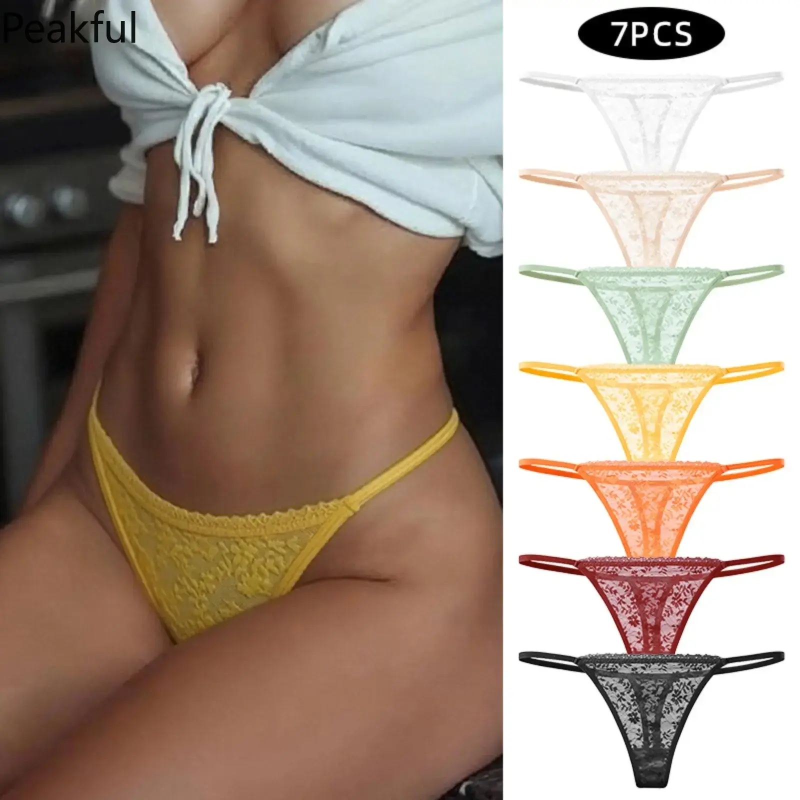 7Pcs Lace Floral Thongs for Women, Sexy Sheer G-String Multipack with Stretchy Soft Fabric & Invisible Low Rise, Breathable T-Back Underwear Set for Yoga, Gym & Daily Comfort