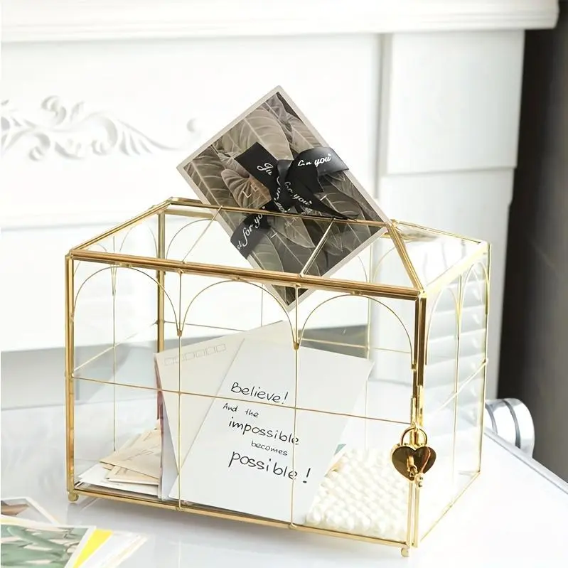 Golden Glass Card Box with Lock and Slots, 10.2 Inches (Approx. 25.9cm) Wedding Card Box, Suitable for Wedding Reception, Decorative Storage Box with Lock, Suitable for Baby Shower, Birthday Party, Bridal Shower