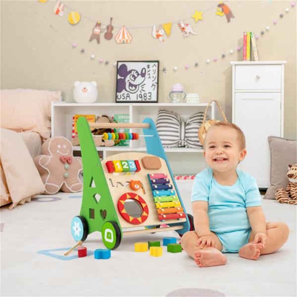 Multifunctional Wooden Baby Walker - 7+ Activity Center (Xylophone/Shape Sorter/Mirror), 3+ Years Old