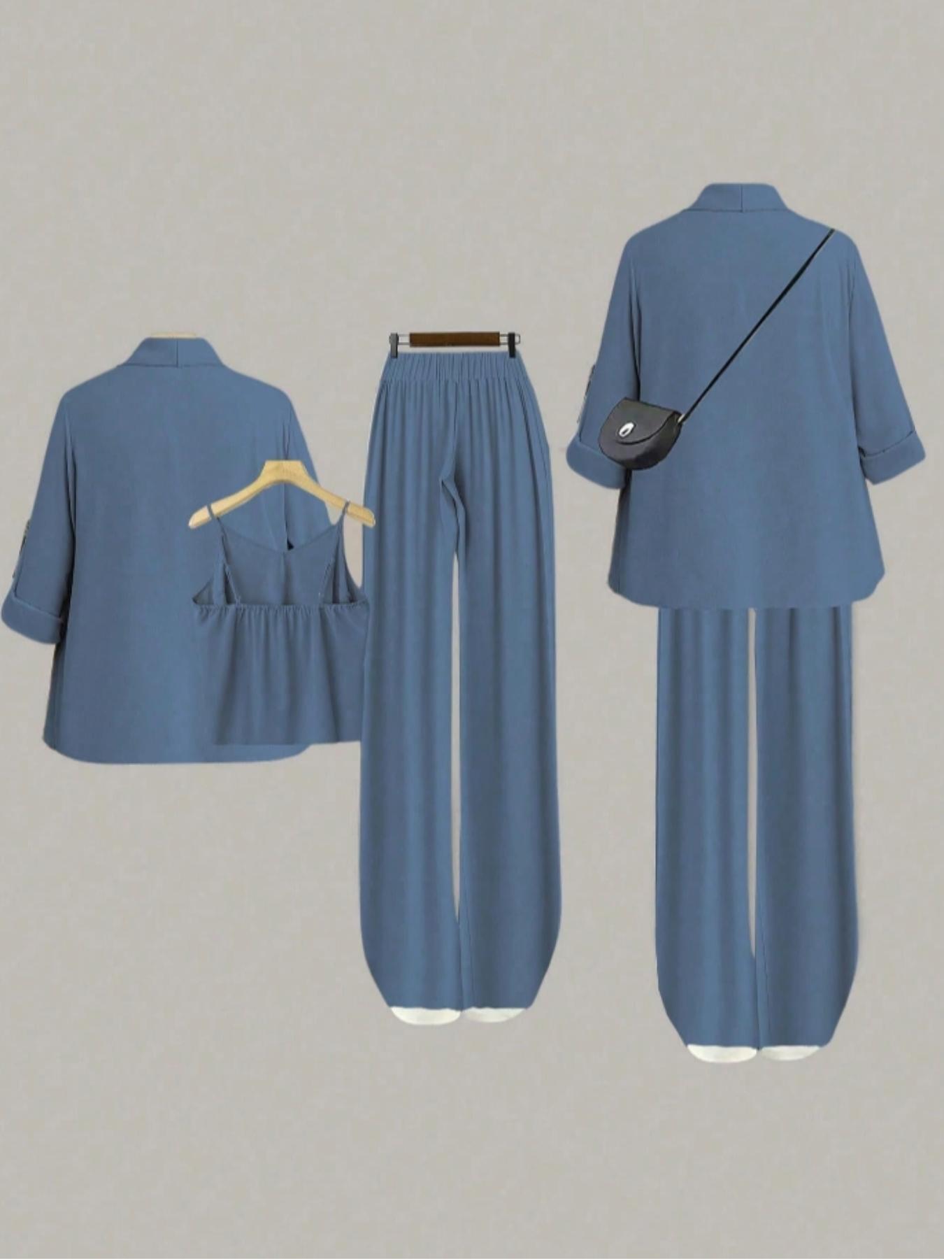 Plus Size Women's Solid Color Three-Piece Set, Spaghetti Strap Vest, Open Front Cardigan, Loose-Fit Pants, Casual Winter Womenswear