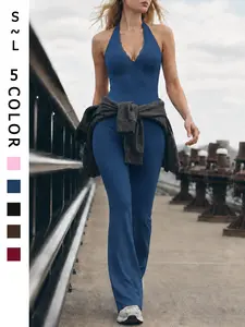 Women’s Fitness Jumpsuit Sleeveless Cami Sexy Lace Backless with Removable Pads Yoga One Piece Outfit Buttery Soft Comfortable Butt Lifting Tummy Control Four Way Stretch Breathable Flare Pants for Gym Outdoor Running Training Workout Bodysuit