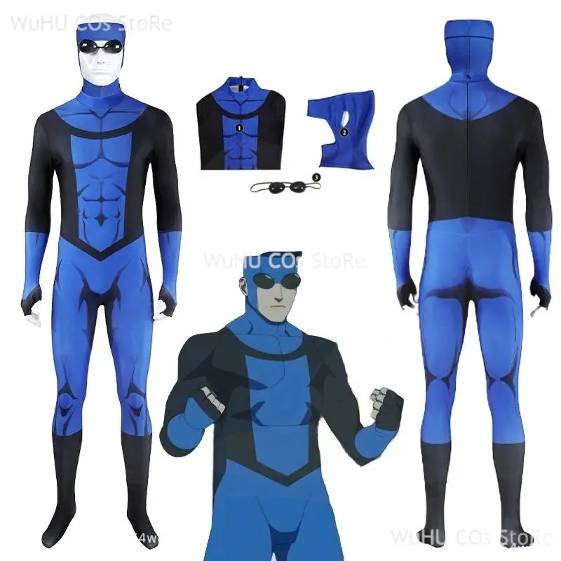Mark Grayson Invincible 3 Male Comic Costume Set - Blue Jumpsuit, Mask Eyeglasses for Halloween, Carnival Disguise Party Clothes