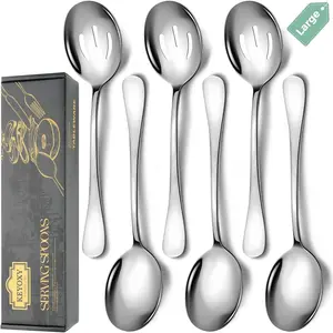Stainless Steel 10-Inch Serving Spoons Set 6 Pcs, 3 Large Solid & 3 Slotted Spoons, Dishwasher Safe for Kitchen Parties Buffet Catering