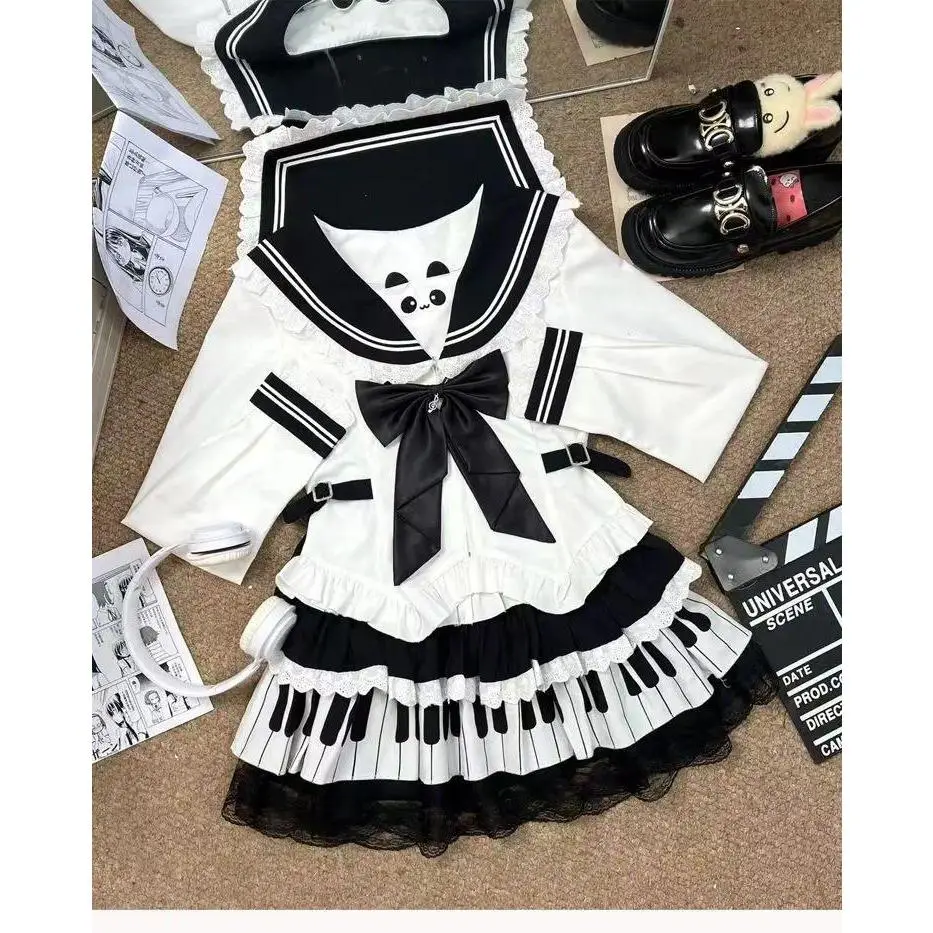 Preppy Style Japanese Kawaii Sailor Suit Women's Sweet Patchwork Bow Slim Navy Collar Piano Short Skirt 2-piece Set Clothing