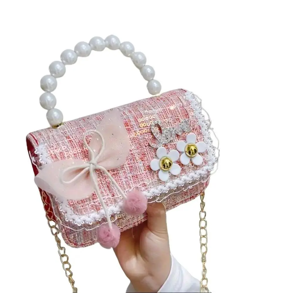 Women's Pearl-Decorated Sequined Bow Mini Handbag - Elegant Chain, Fashionable Purse, Embellished Shoulder, Cute Purses, Floral Gym Bag, Lightweight Portable for School & Daily Outings, Sports & Outdoor Accessory, Elegant Chain Bag, Embellished Shoulder B