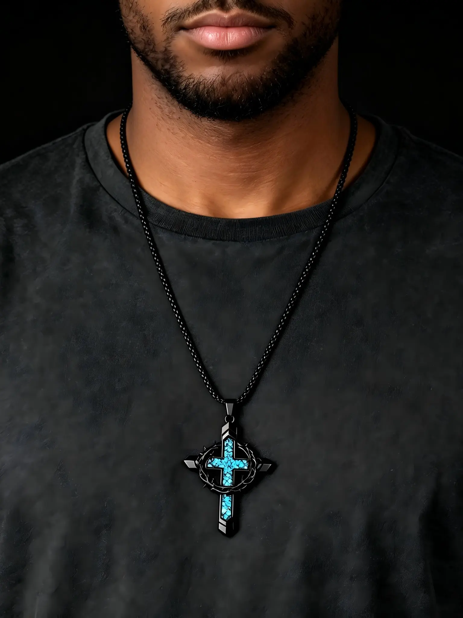 Men's Vintage Cross Necklace with Turquoise Inlay, Punk Hip Hop Style, Thorn Crown Pendant, Trendy Jewelry for Men