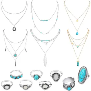 14 Pcs Western Jewelry for Women Boho Turquoise Necklace Rings Jewelry Set Bohemian Joint Knuckle Rings Set for Women (Classic Style)