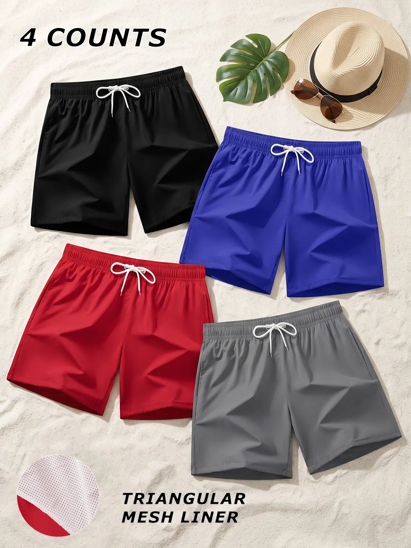 4 Piece Set Men's 5 Inch Beach Shorts with Triangular Mesh Lining, Summer Casual Board Shorts with Side Pockets, Quick Dry Swim Shorts Swim Trunks, Drawstring Elastic Waistband Swimwear Beachwear Swimsuit Bathing Suit