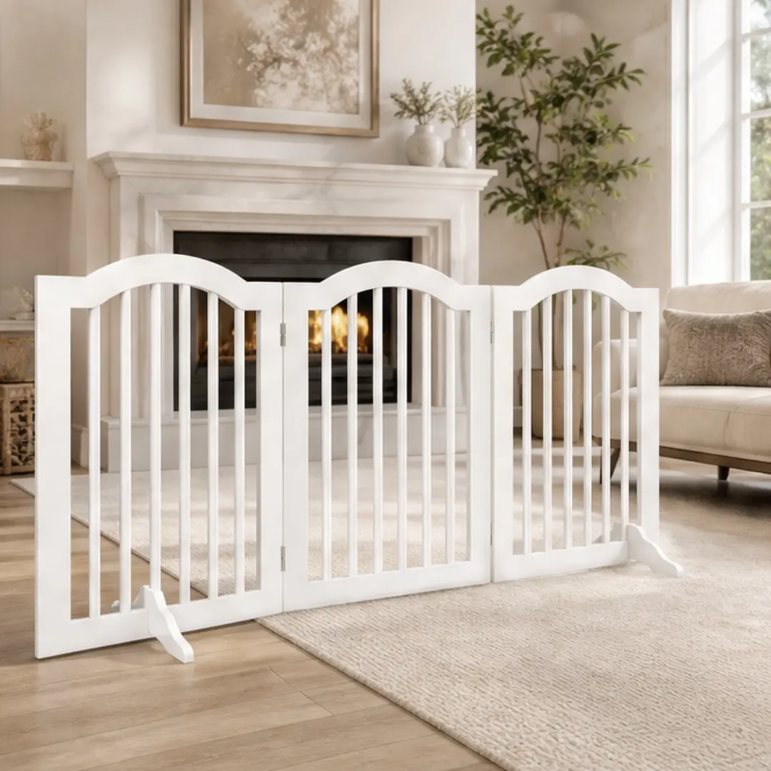 ARCH 27.6" Tall Freestanding Pet Gate, 4 Panels Foldable Dog Gate, Solid Wood Folding Safety Fence, Heavy Duty Wooden Pet Playpen with Support Feet, Ideal for Stairs, Doorways, Halls, Kitchens, White, Black/White Color Options, ABS+Steel(Q235)/Wood
