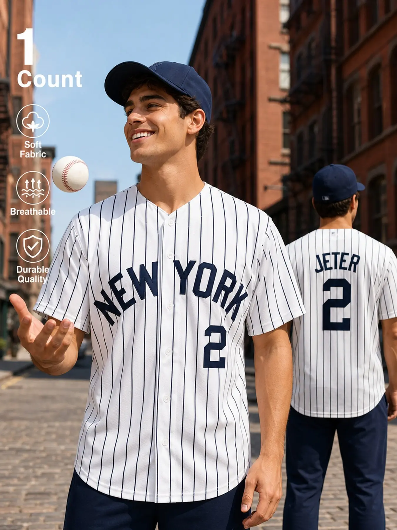Unisex #2 New York Pinstripe Baseball Jersey - Premium Embroidered Breathable Button Down Baseball Shirt, Game Day Casual Sports Fan Jersey for Men & Women