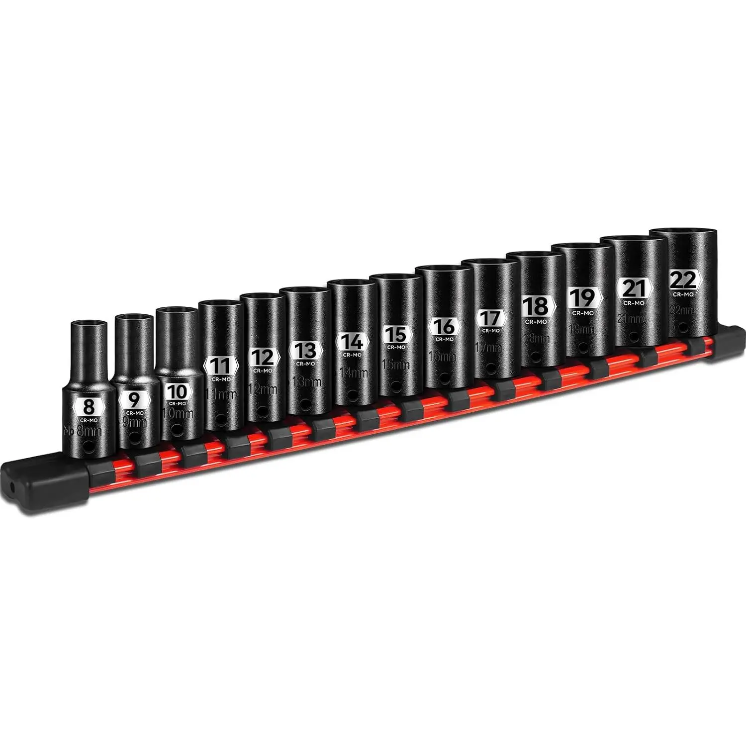 14- 3/8" Drive Semi-Deep  Socket Set, Metric Size (8-22mm) 6-Point Socket Set, CR-MO Steel for Automotive & Industrial, 15 Pieces, Anti-Slip Grip