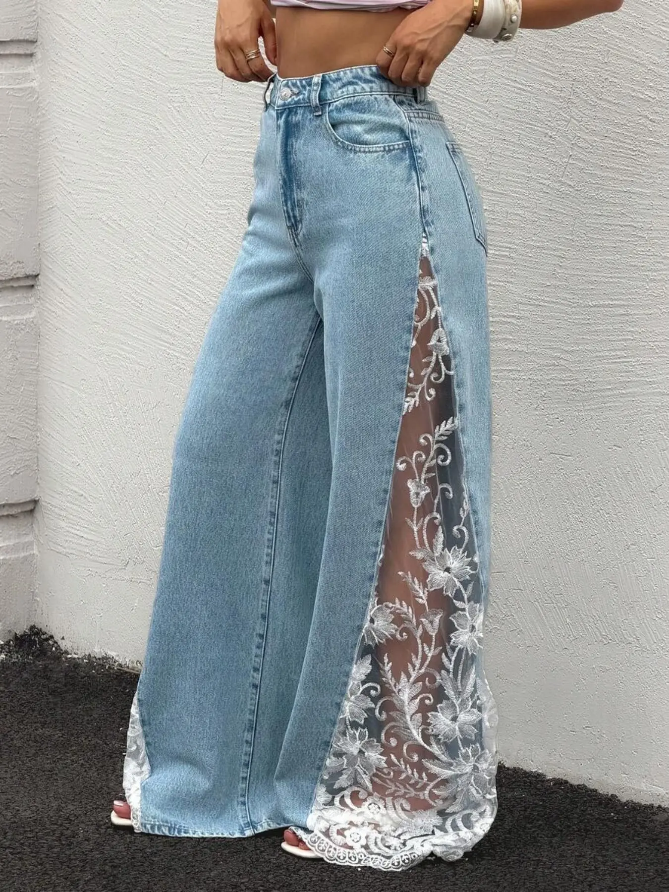 Women's Patchwork Lace Denim Wide Leg Long Pants, Fashionable Vacation Style, Trendy and Stylish, Perfect for Casual Wear, Comfortable and Durable