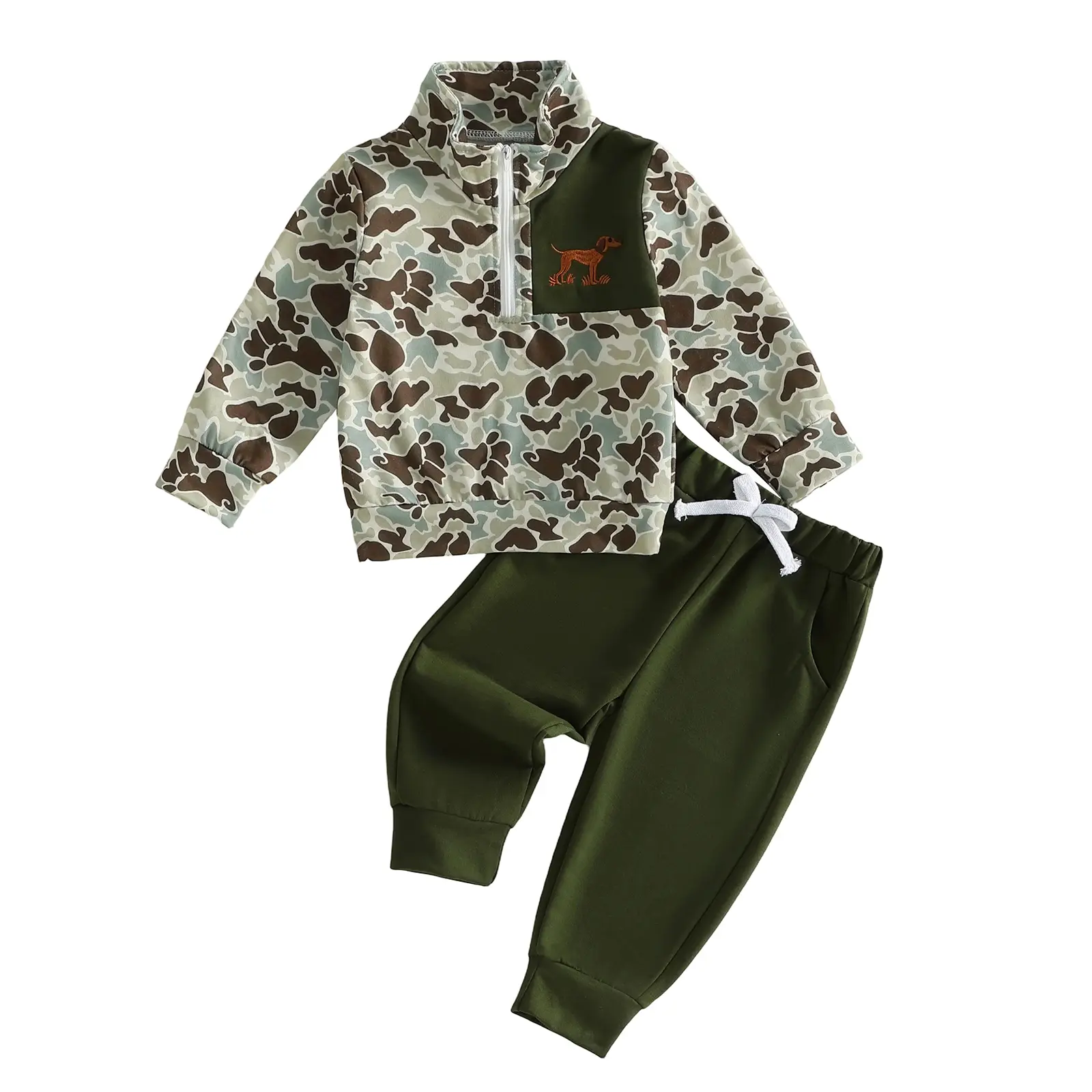 Toddler Baby Boy Fall Outfits Set Camouflage Print Quarter Zip Sweatshirts Tops with Dog Patch and Jogger Pants 2pcs Wild Hunting Clothes Set
