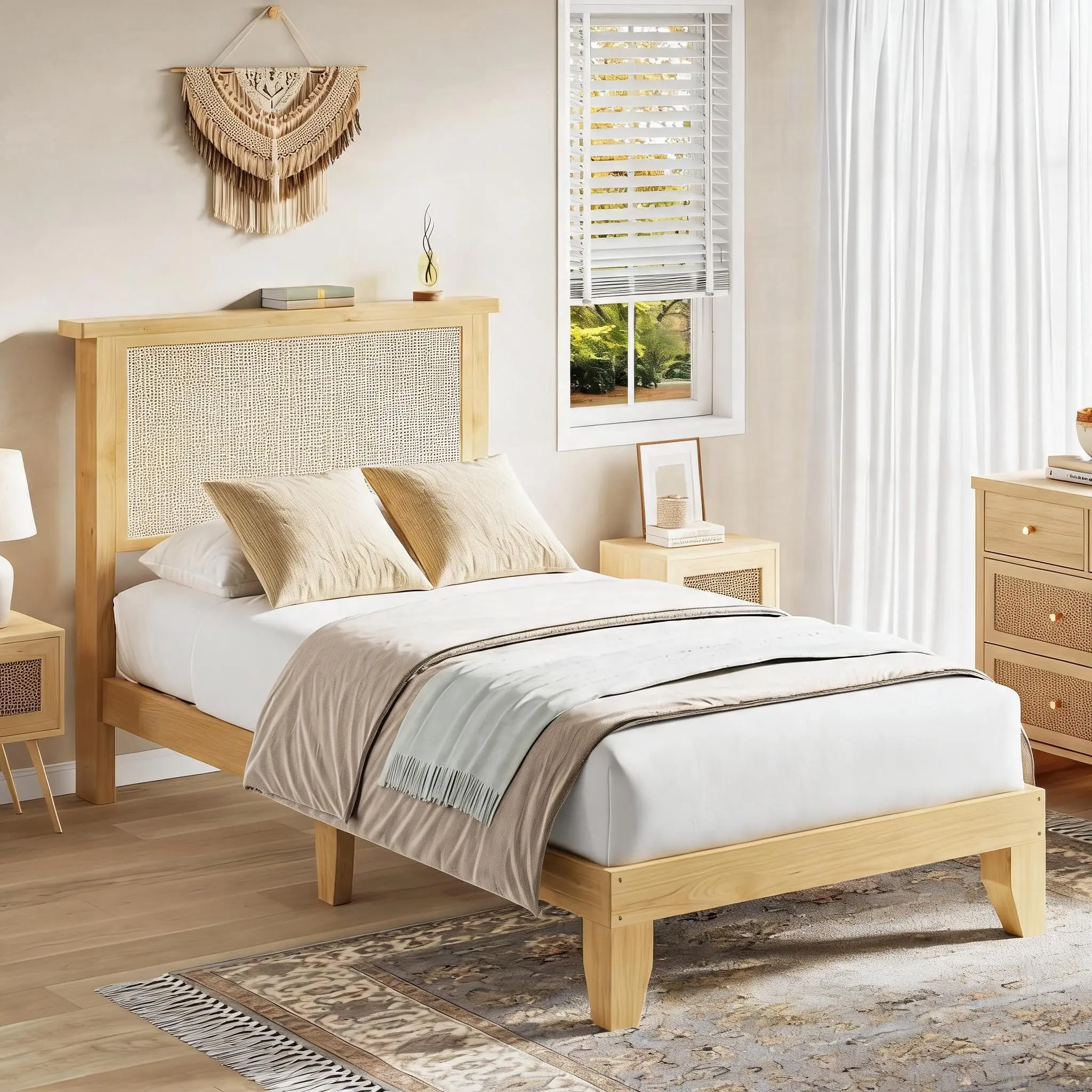 Rattan Bed Frame with Solid Wood Platform – Boho Farmhouse Headboard( with Built-in RGB LED Light Options), Silent Slats, No Box Spring Needed