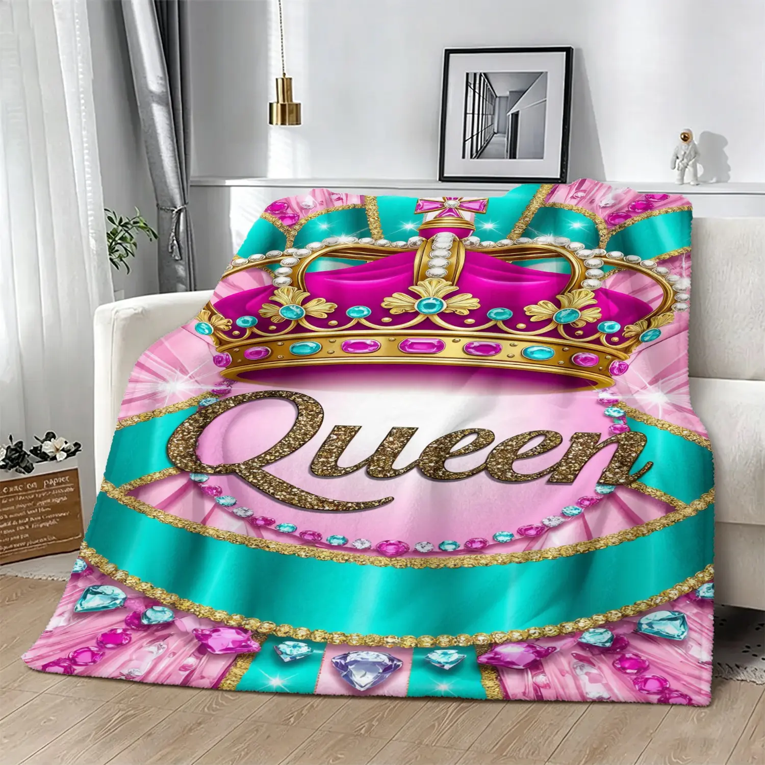 Luxury Queen Crown Blanket, Sparkling Gemstone Print Decorative Throw, Ultra Soft Flannel Blanket, Cozy Warm Fleece Bedding, Perfect for Home Decor, Camping, Travel, Office Nap, Comfortable Gift Blanket