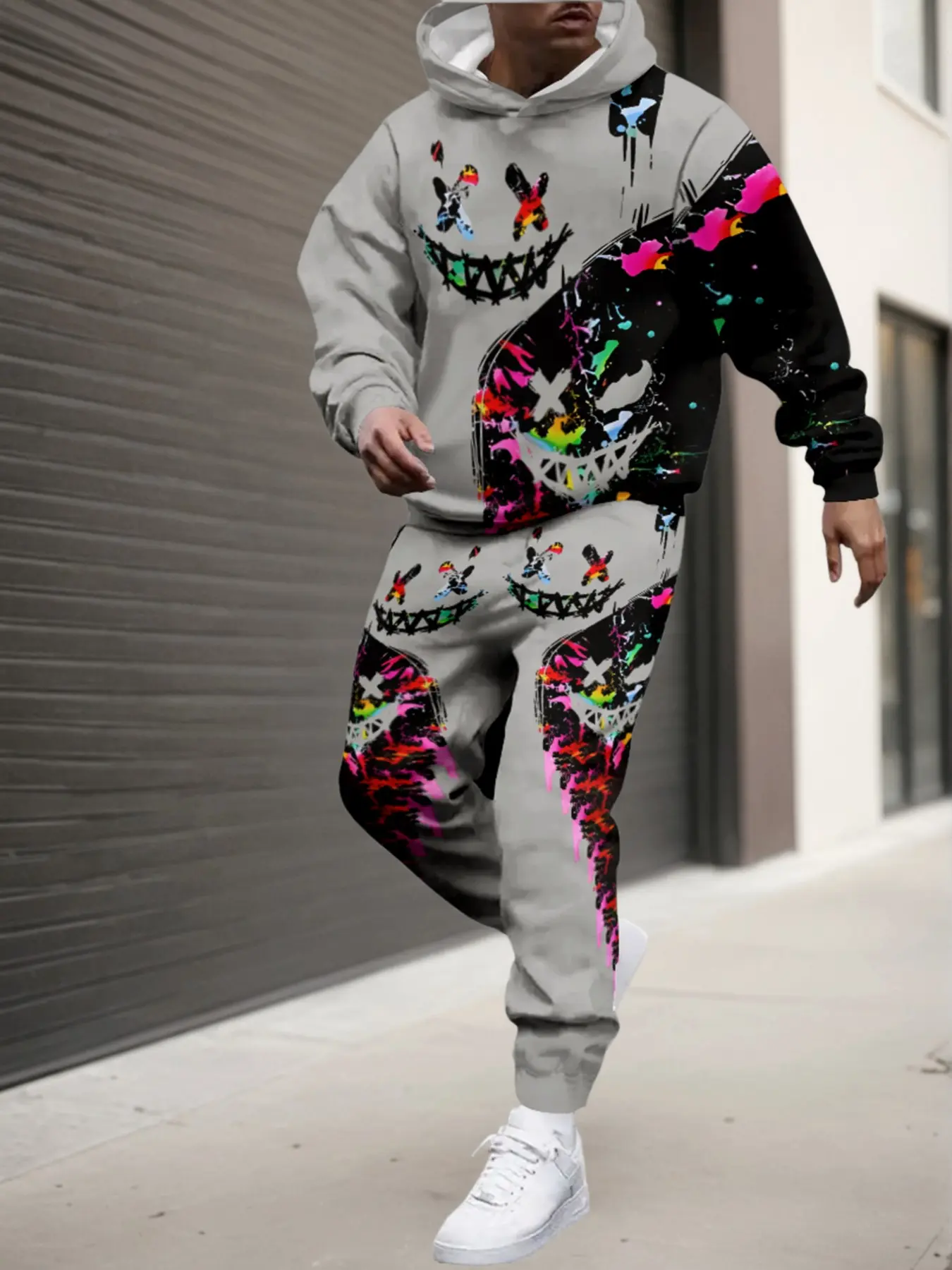 Gradient Color Splatter Ink Clown Face Print Hoodie Set, Patch Drawstring Hoodie and Ankle-Length Pants, Casual Fitted Two-Piece Set