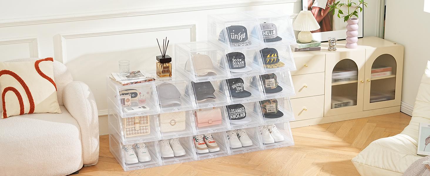 2 Pack Stackable Hat Organizer for Baseball Caps, Large Clear Hat Holder with Sliding Drawer, Hat Storage Box with Door, Baseball Cap Organizer