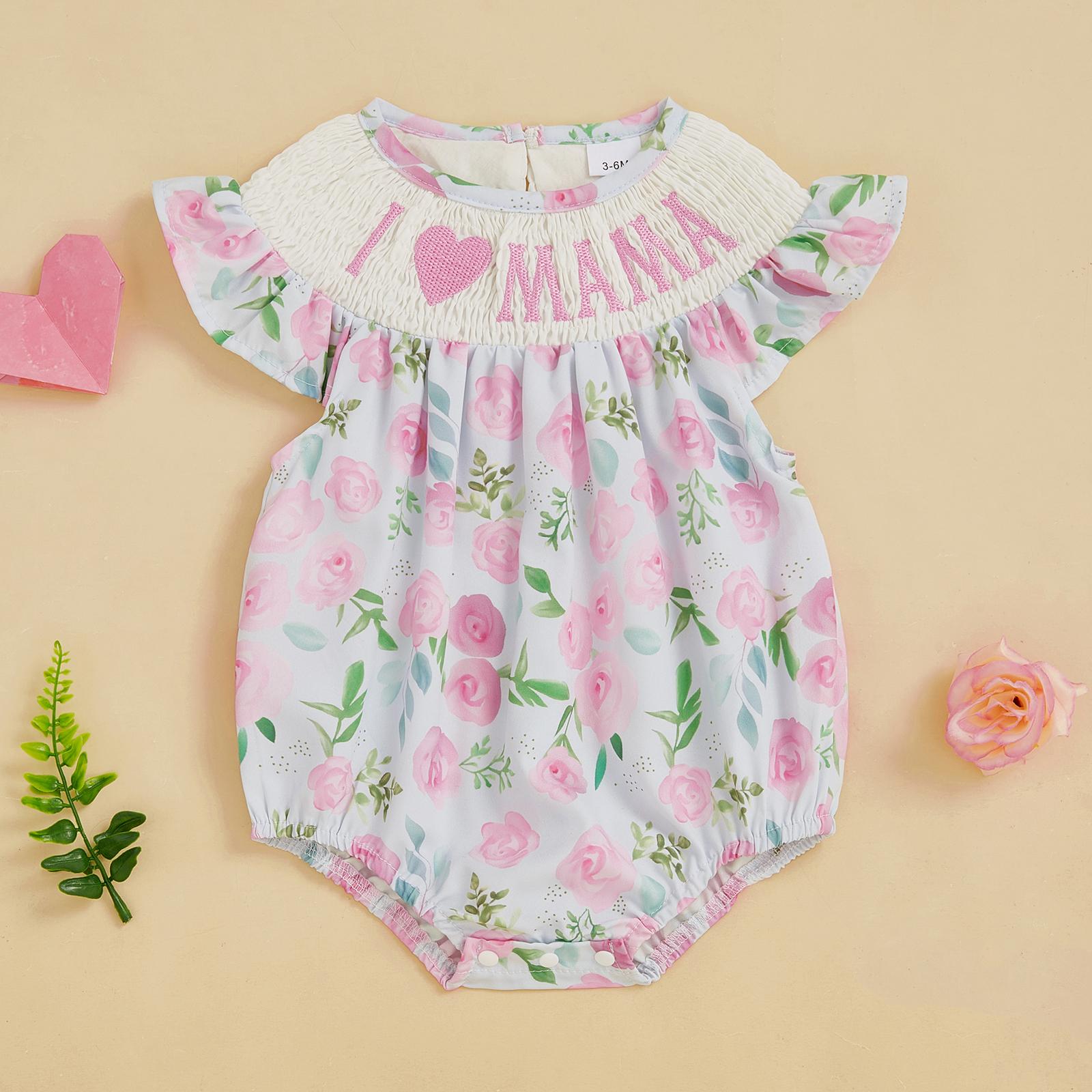 Newborn Baby Girl Summer Outfits Floral Mamas Girl Smocked Bubble Romper Fly Sleeve Onesie Bodysuit Mothers Day Clothes