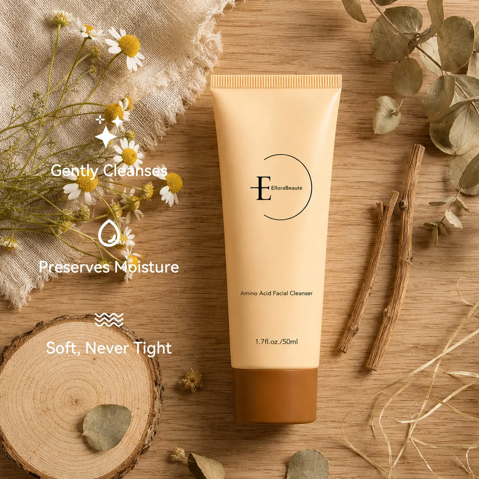 Ellorabeaute Amino Acid Face Wash, Gentle Daily Cleanser for Combination Skin, Hyaluronic Acid Moisture, Low Foam, Ph 5.5, 50ML, Sulfate-Free