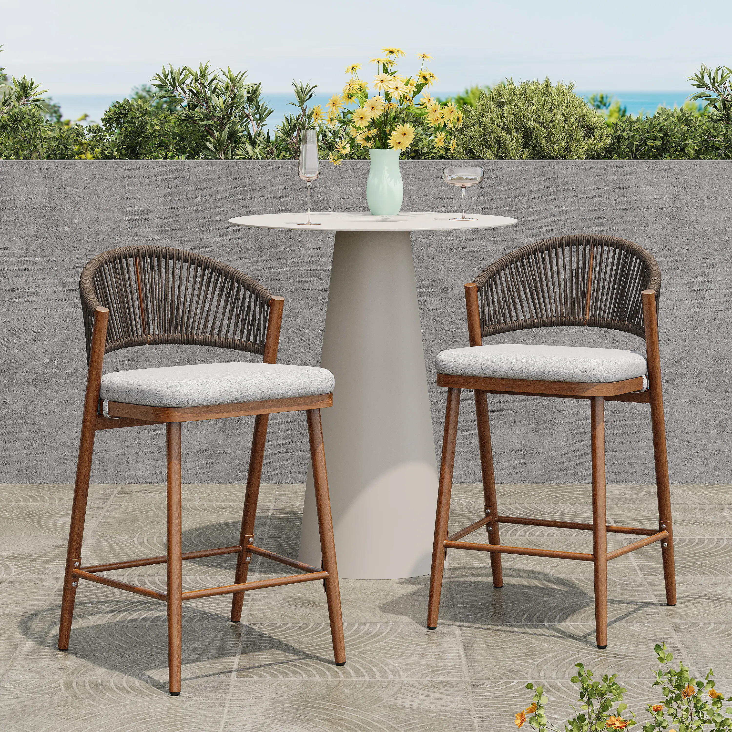 Scallop Back Counter Stools, Set of 2, PE Rattan with Aluminum Frame and Teak Finish, 26-Inch Height Indoor/Outdoor Patio Seating for Kitchen Bar or Deck, Weather-Resistant, Scallop Backrest