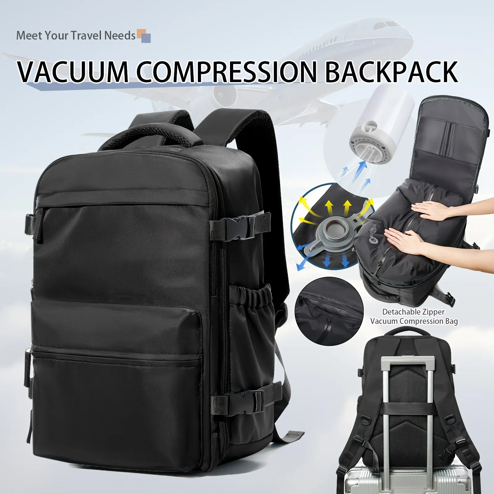 Vacuum Seal Compression Travel Backpack for Men & Women, Expandable Large Capacity Carry On Backpack with Built-In Laptop Compartment, Vacuum Clothing Storage Bag Equipped with Air Pump, Space Saver Compression Backpack for Travel, Business Trips & Outdoo