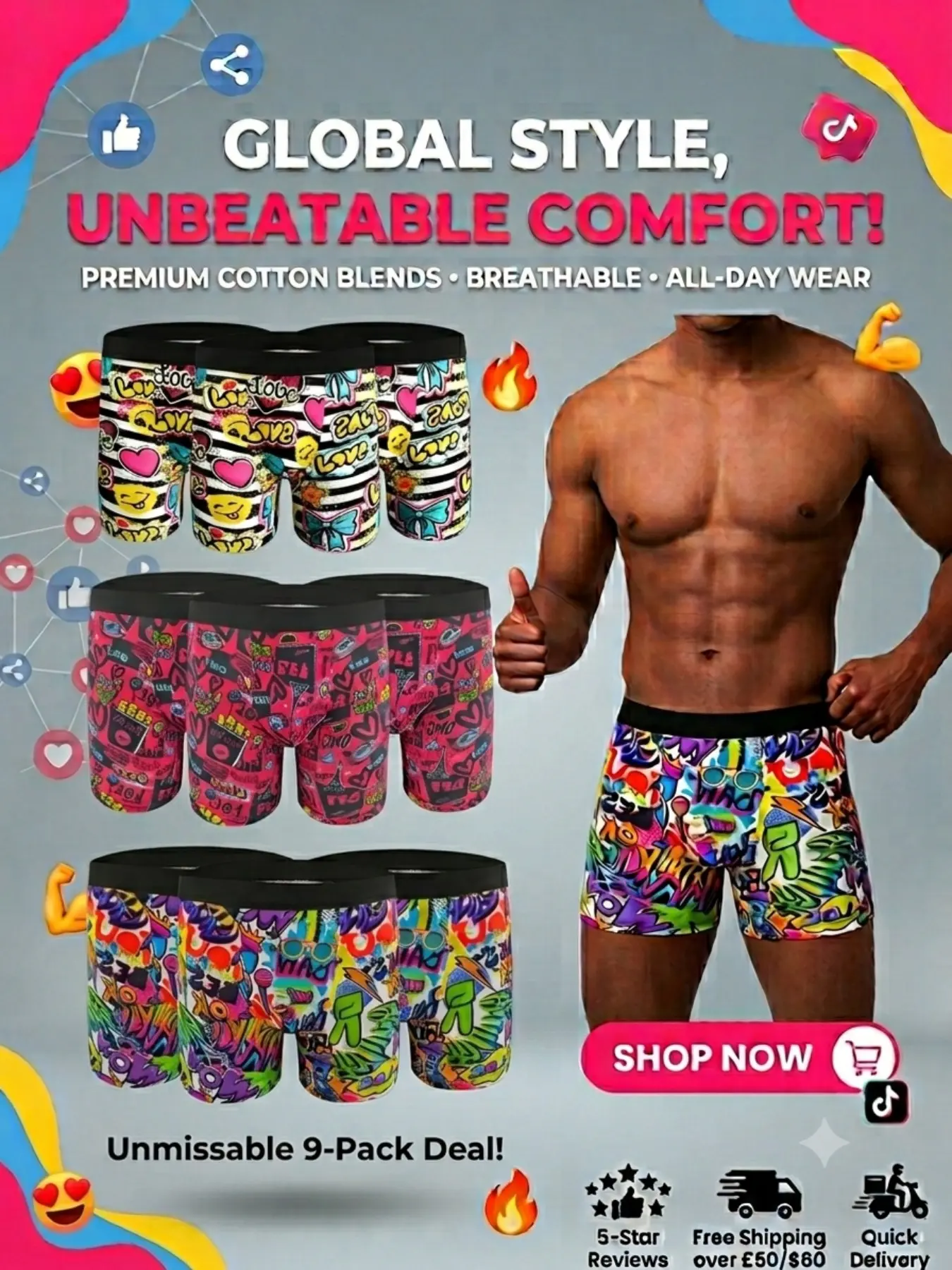 Men's Long Boxer Briefs, Soft Extended Leg Underwear, Breathable Anti-Chafe Trunk, Casual All-Season Workout Pants, 3/6/9 Pack