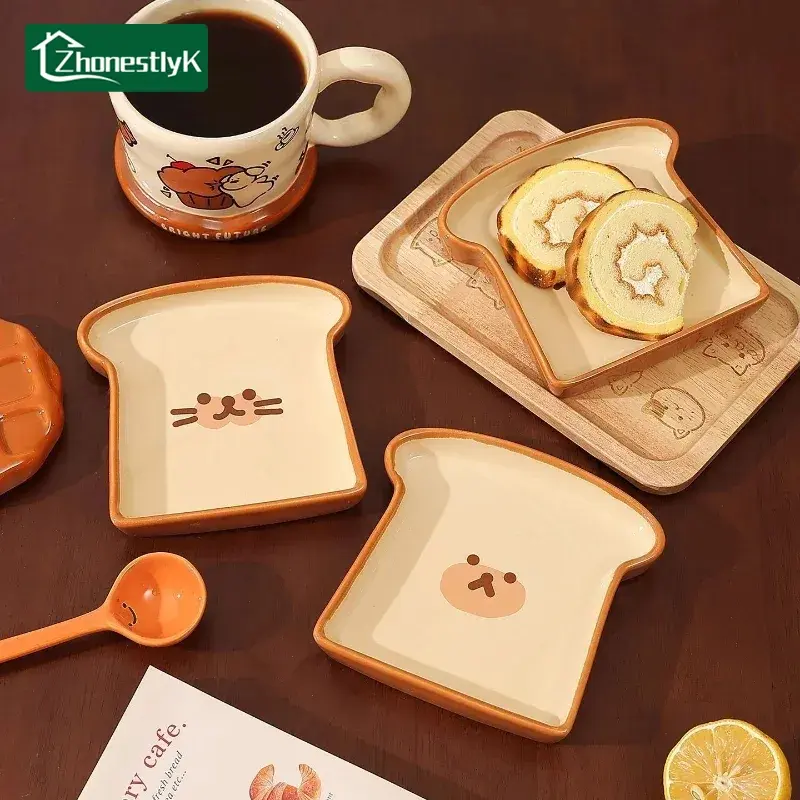 Cute Toast Bread Shaped Ceramic Dishes Cartoon Cat Expressions Seasoning Dish Snack Plates Fruit Sushi Bowl Kitchen Tableware