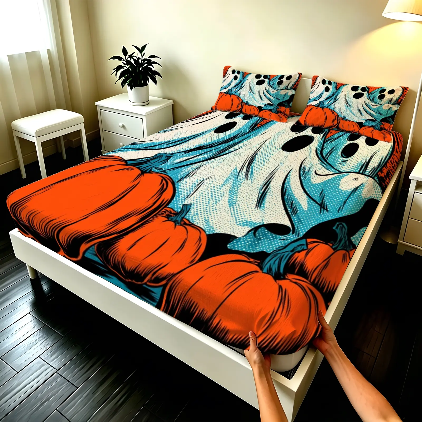 3pcs Fitted sheet Halloween Ghost Pumpkin Print Soft Microfiber Bedding Set Deep Pocket Wrinkle Resistant Breathable Fade Proof Halloween Decor Bedding for Bedroom Home Hotel Twin Full Queen King Size Bed Sheet Sets