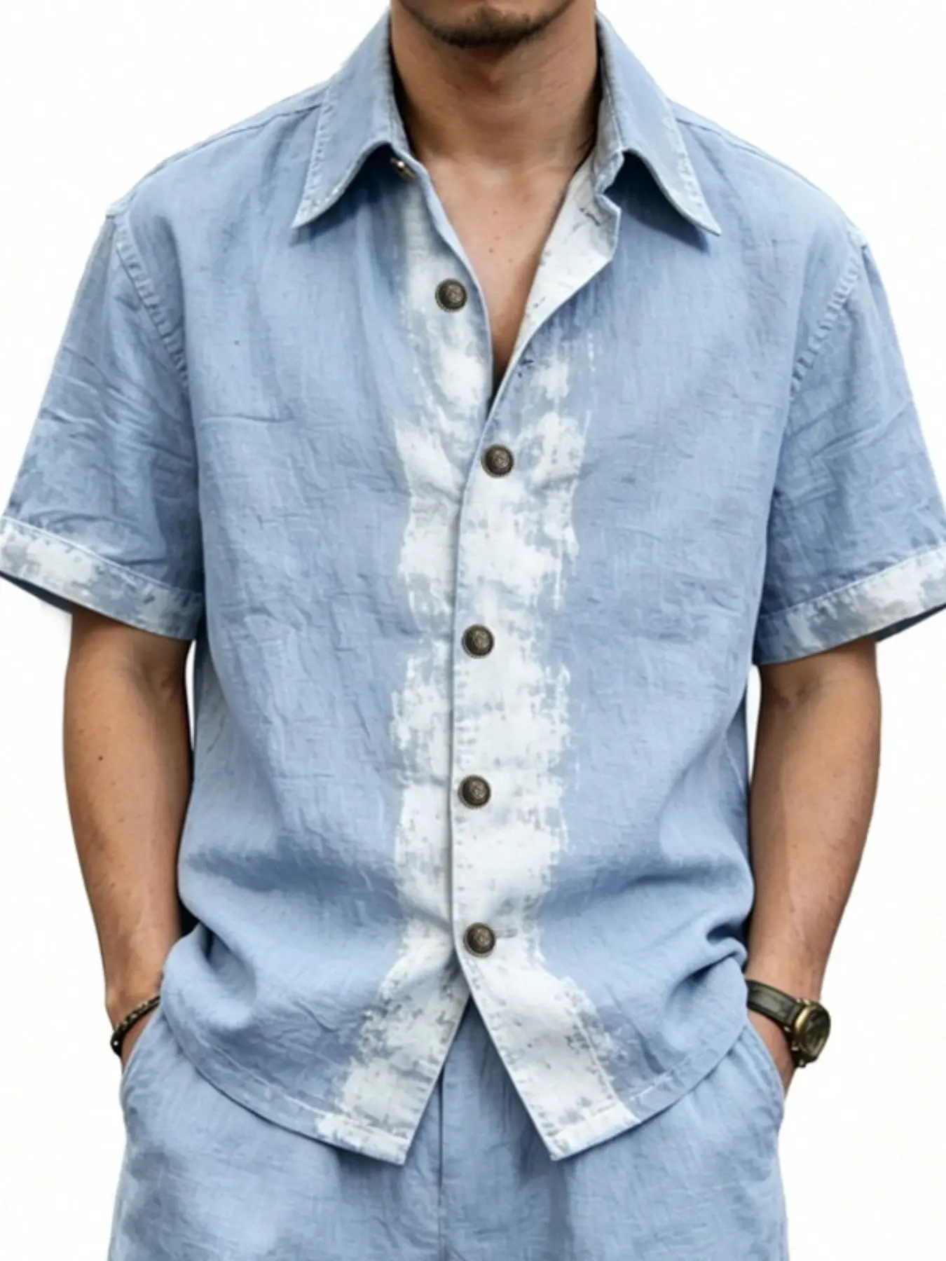 Men's Distressed Washed Tie Dye Linen Shirt, Cuban Collar Short Sleeve Button Up Top, Lightweight Breathable Casual Blouse for Streetwear Holiday & Daily Summer Wear