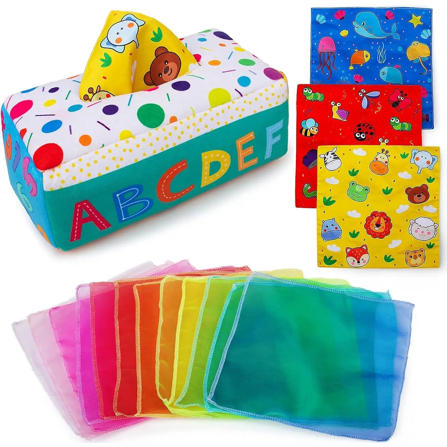 Soft Stuffed Sensory Tissue Box Toy, High Contrast Crinkle Cube with Rainbow Dance Scarves for Baby & Toddler Early Development, No, Sensory Toys, Unisex