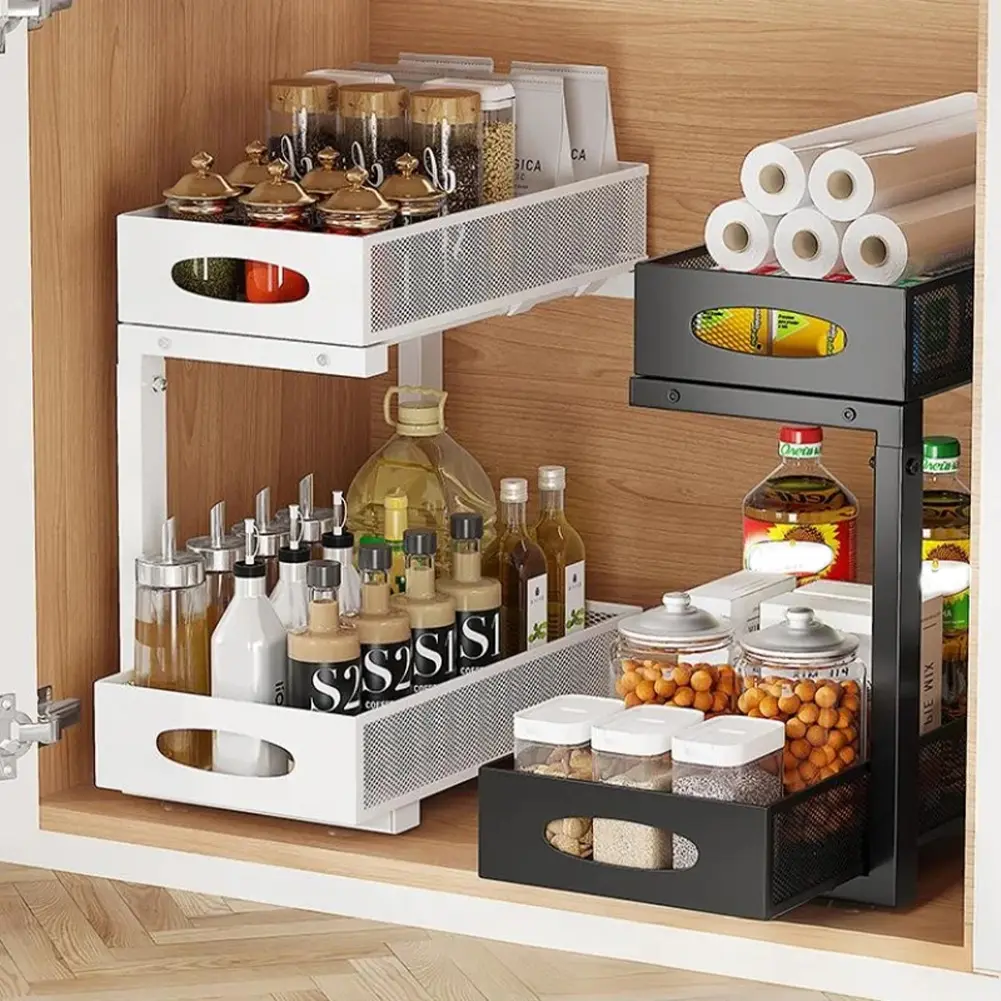 L Shape Under Sink Storage 2 Tier, Height Adjustable Carbon Steel Kitchen Cabinet rack Organizer, Pull Out Drawer Shelves for Kitchen Bathroom